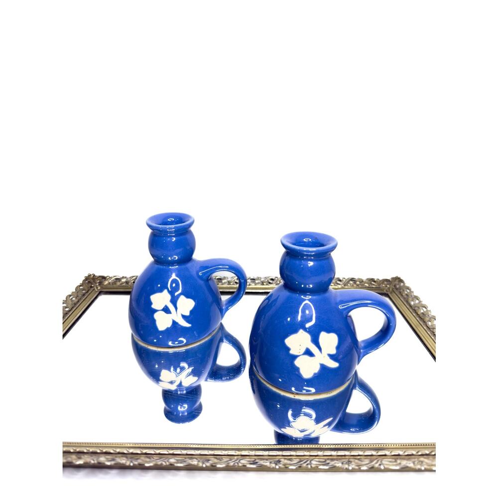Hermitage Pottery Chamber Lamp Finger Candle Holder Bright Country Blue Lot 2